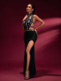 Halter Cutout Bandage Rhinestone Maxi Gown