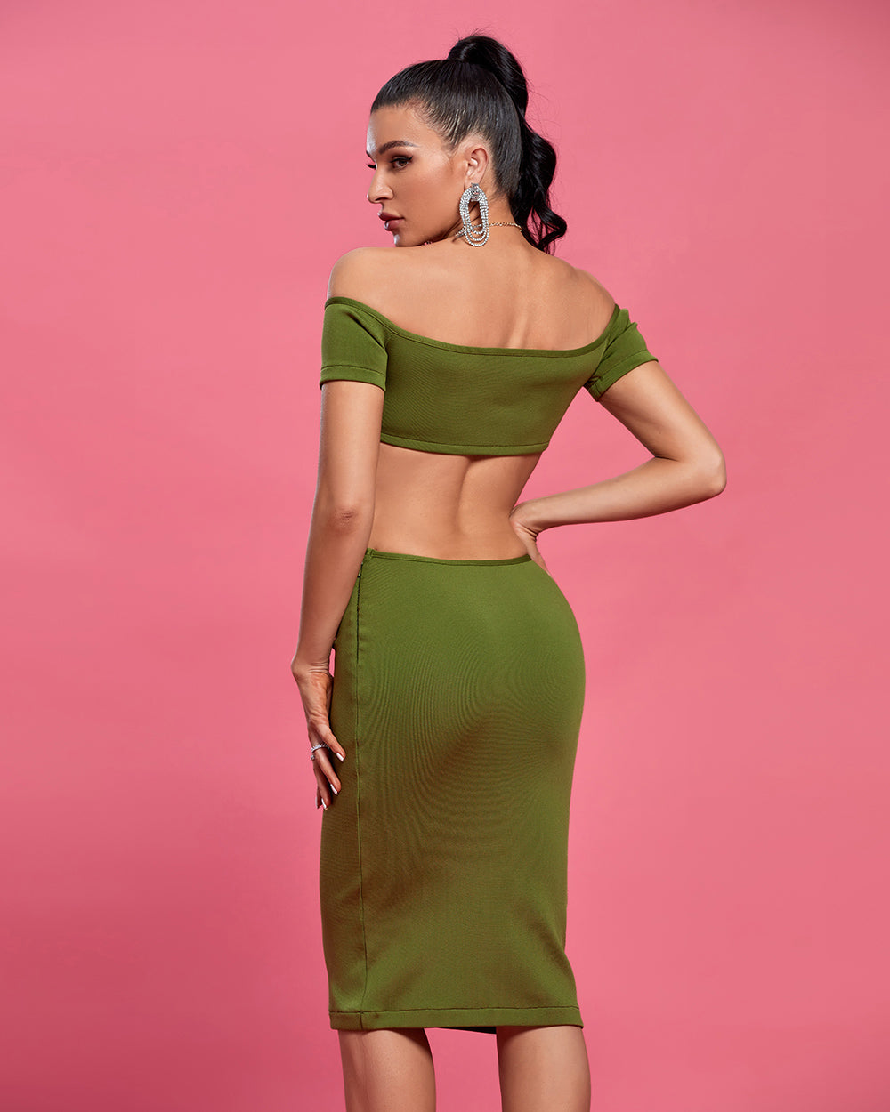 Chain Off Shoulder Short Sleeve Midi Bandage Dress