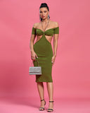Chain Off Shoulder Short Sleeve Midi Bandage Dress
