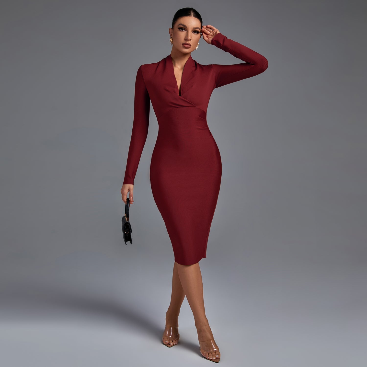 V Neck Long Sleeve Bandage Dress
