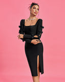 Square Neck Midi Slit Bandage Dress