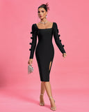 Square Neck Midi Slit Bandage Dress