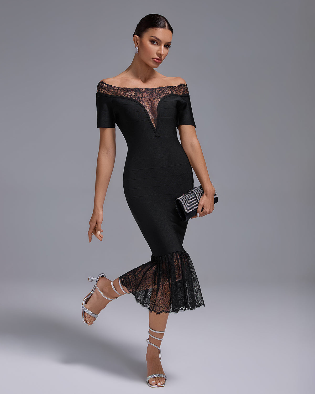 Off Shoulder Bandage Midi Lace Dress