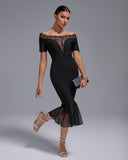 Off Shoulder Bandage Midi Lace Dress