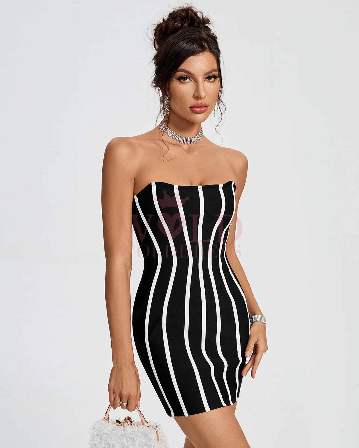 White Striped Strapless Mini Bandage Dress