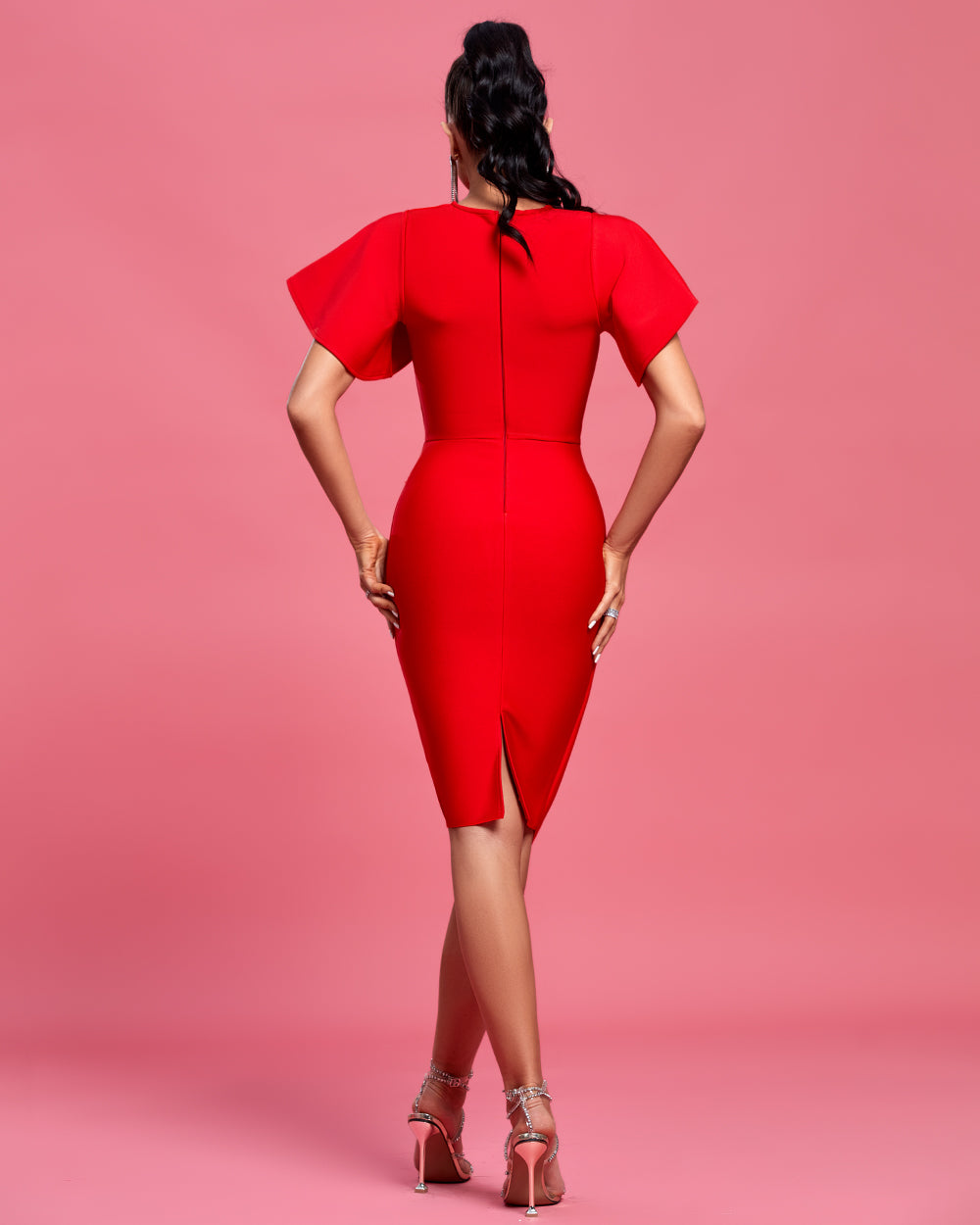 Round Neck Ruffles Sleeve Midi Bandage Dress