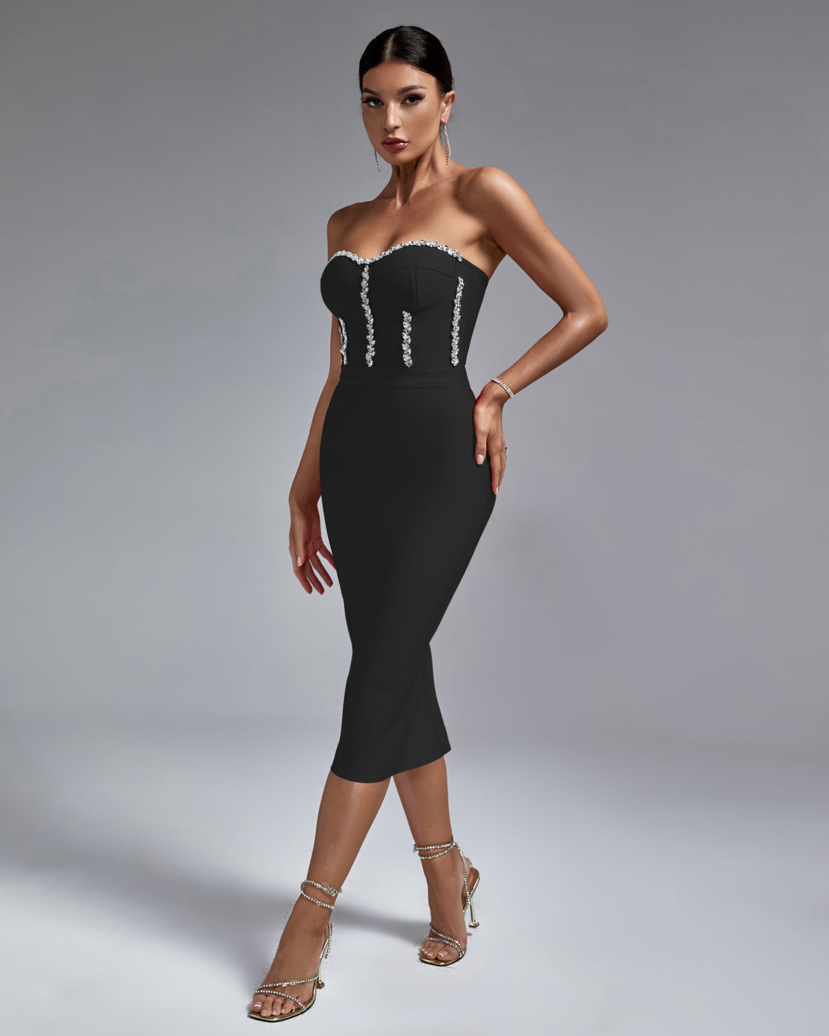 Strapless Drill Chain Midi Bandage Dress