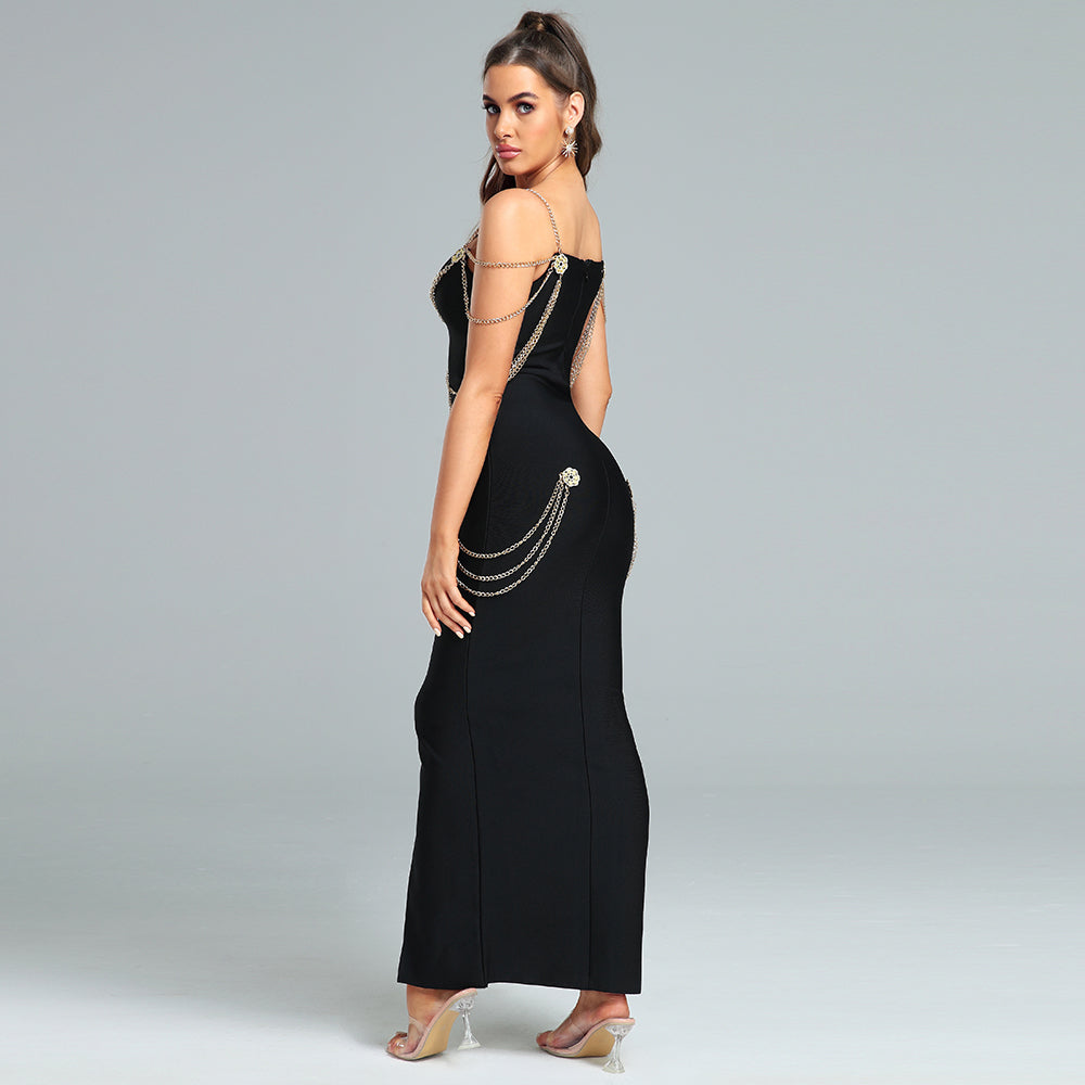 Metal Ornamental Buckle Chain Maxi Bandage Dress