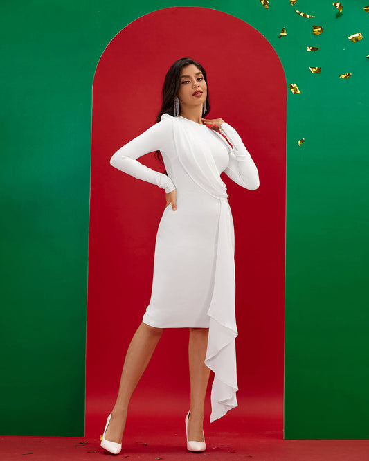 Round Neck Draped Frill Bandage Dress