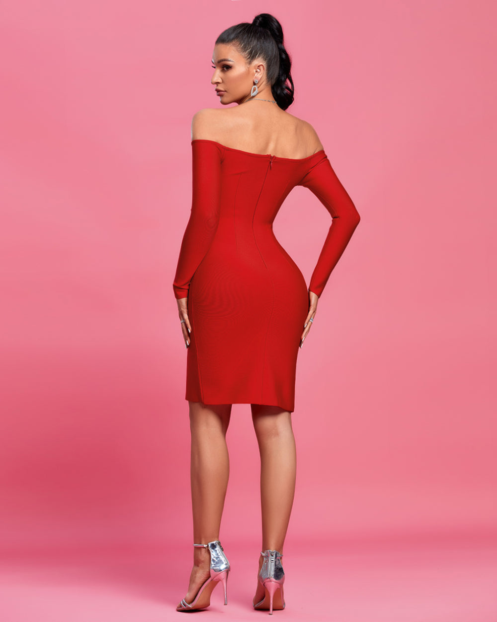 Off Shoulder Long Sleeve Slit Midi Bandage Dress
