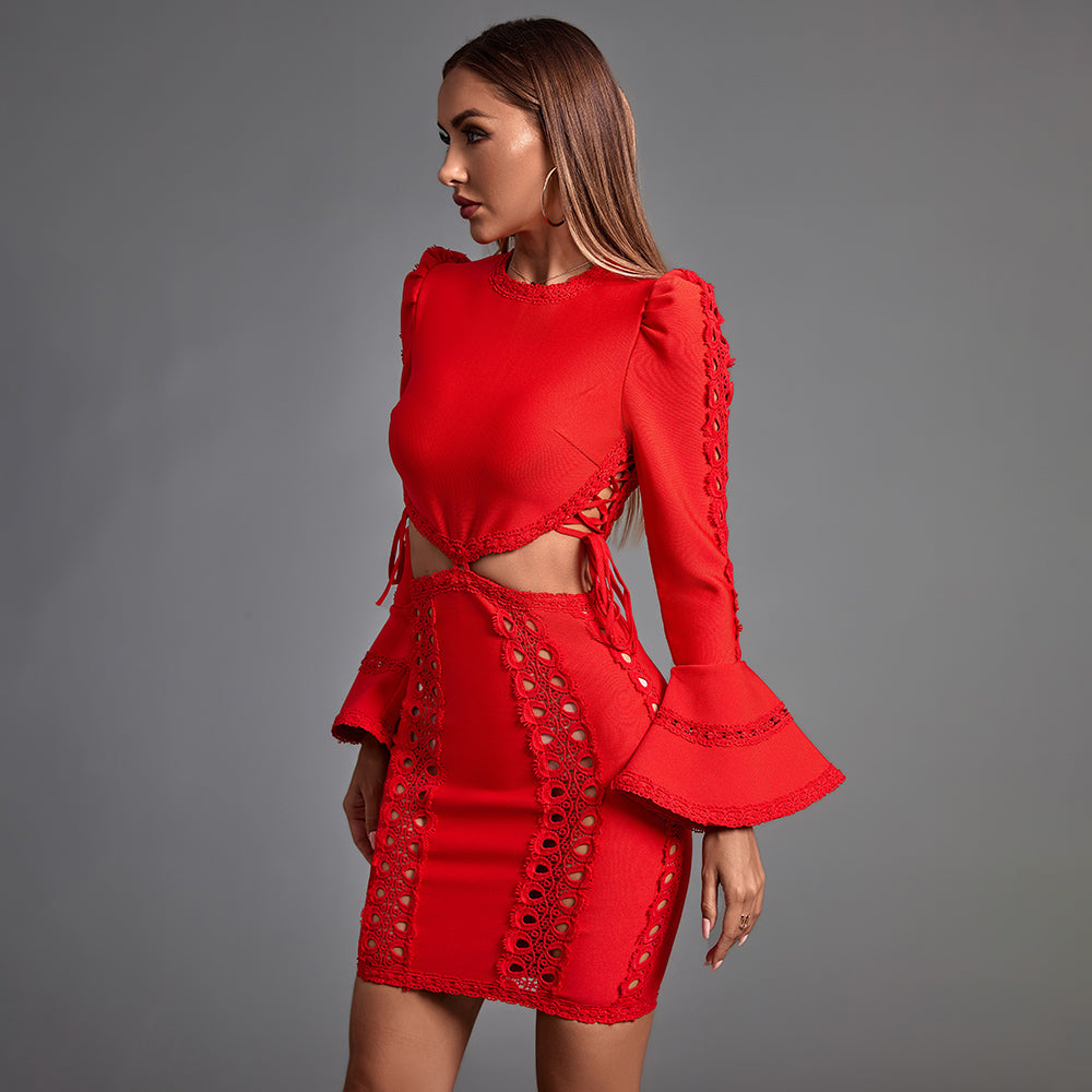 Round Neck Long Sleeve Cut Out Mini Bandage Dress