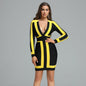 Deep V Yellow Stripe Mini Bandage Dress