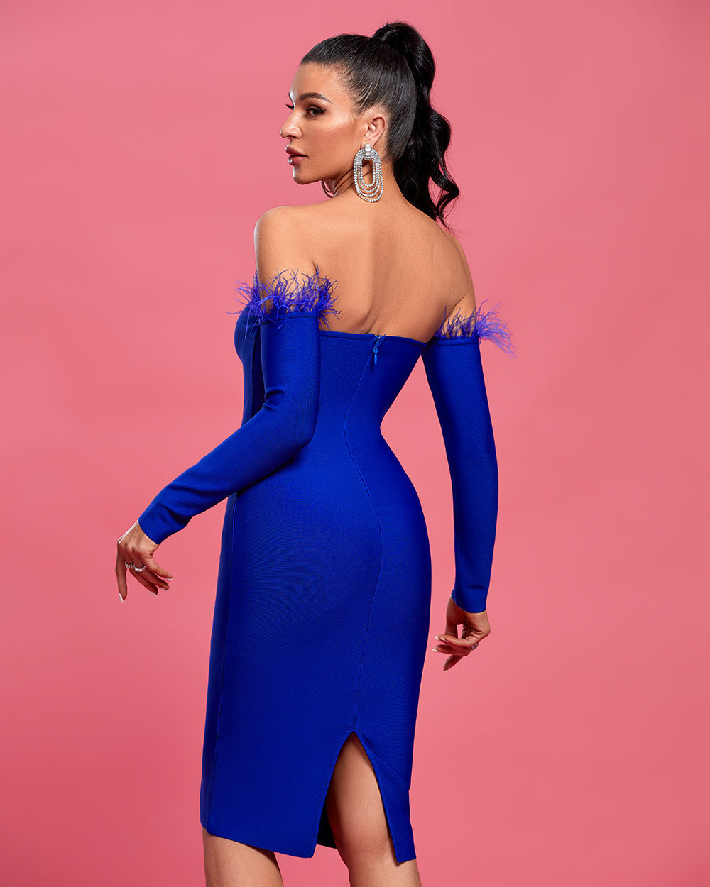 Off Shoulder Feather Trim Midi Bandage Dress