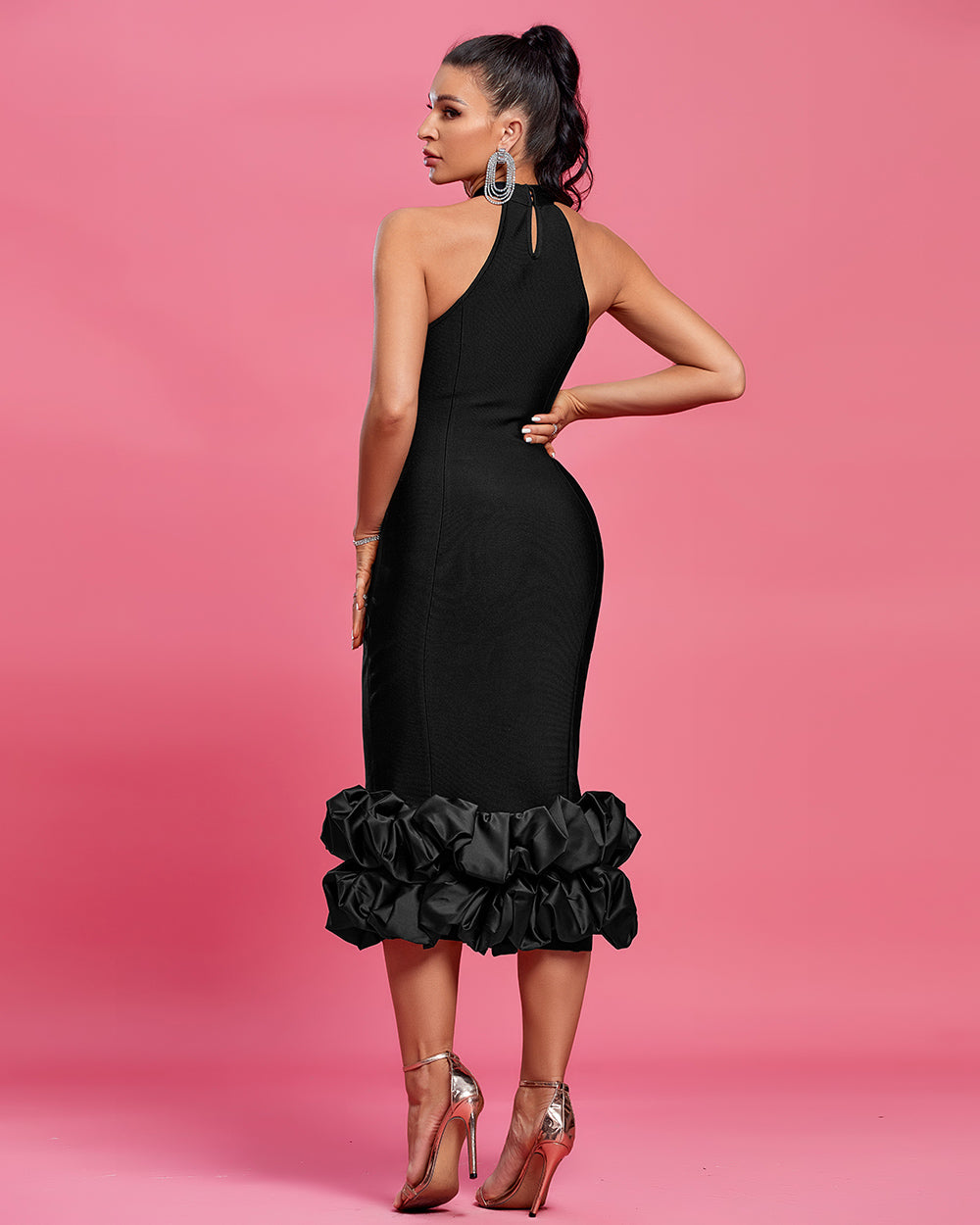 Halter Ruffle Hem Crepe Cocktail Dress