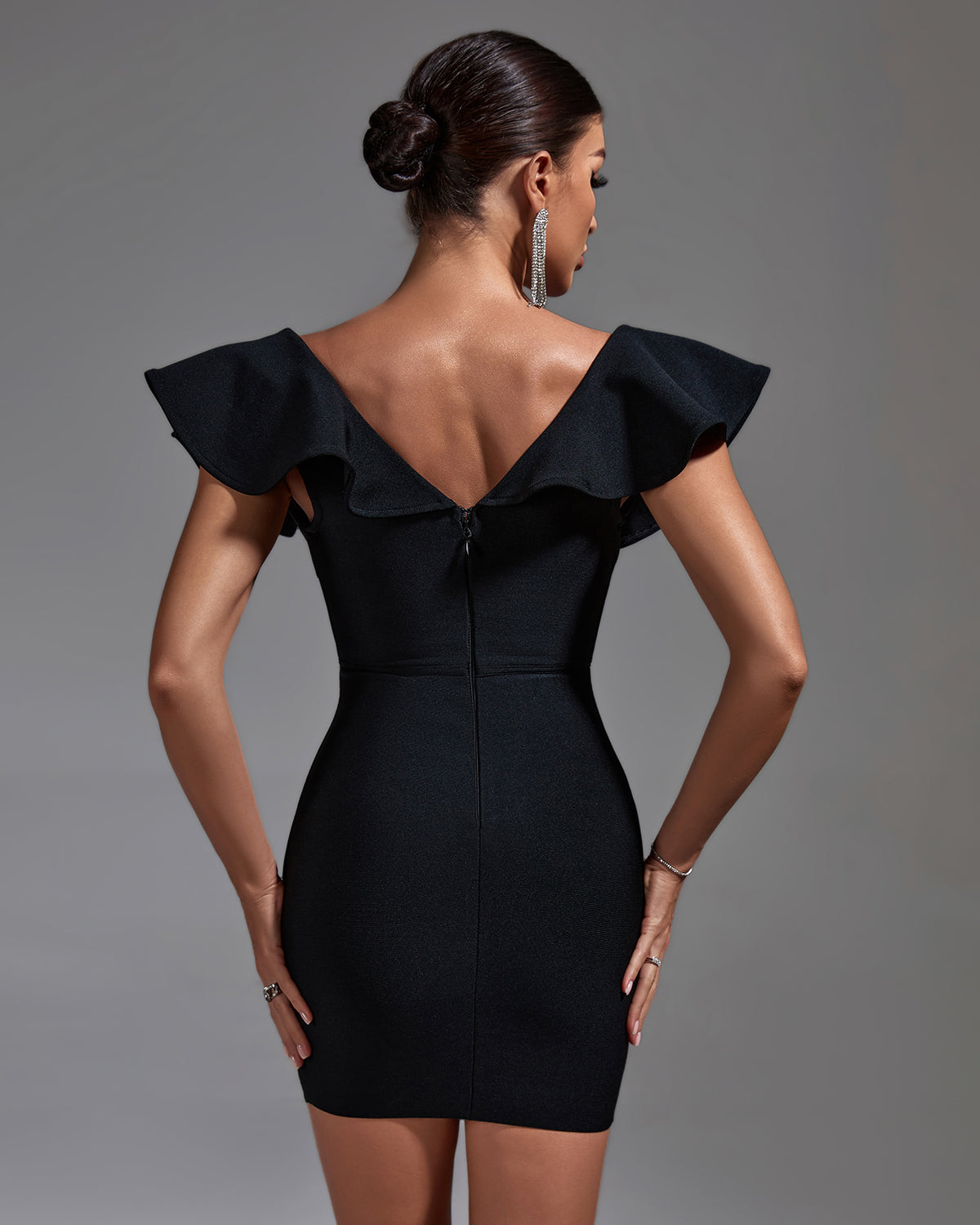 Deep V Ruffled Mini Bandage Dress
