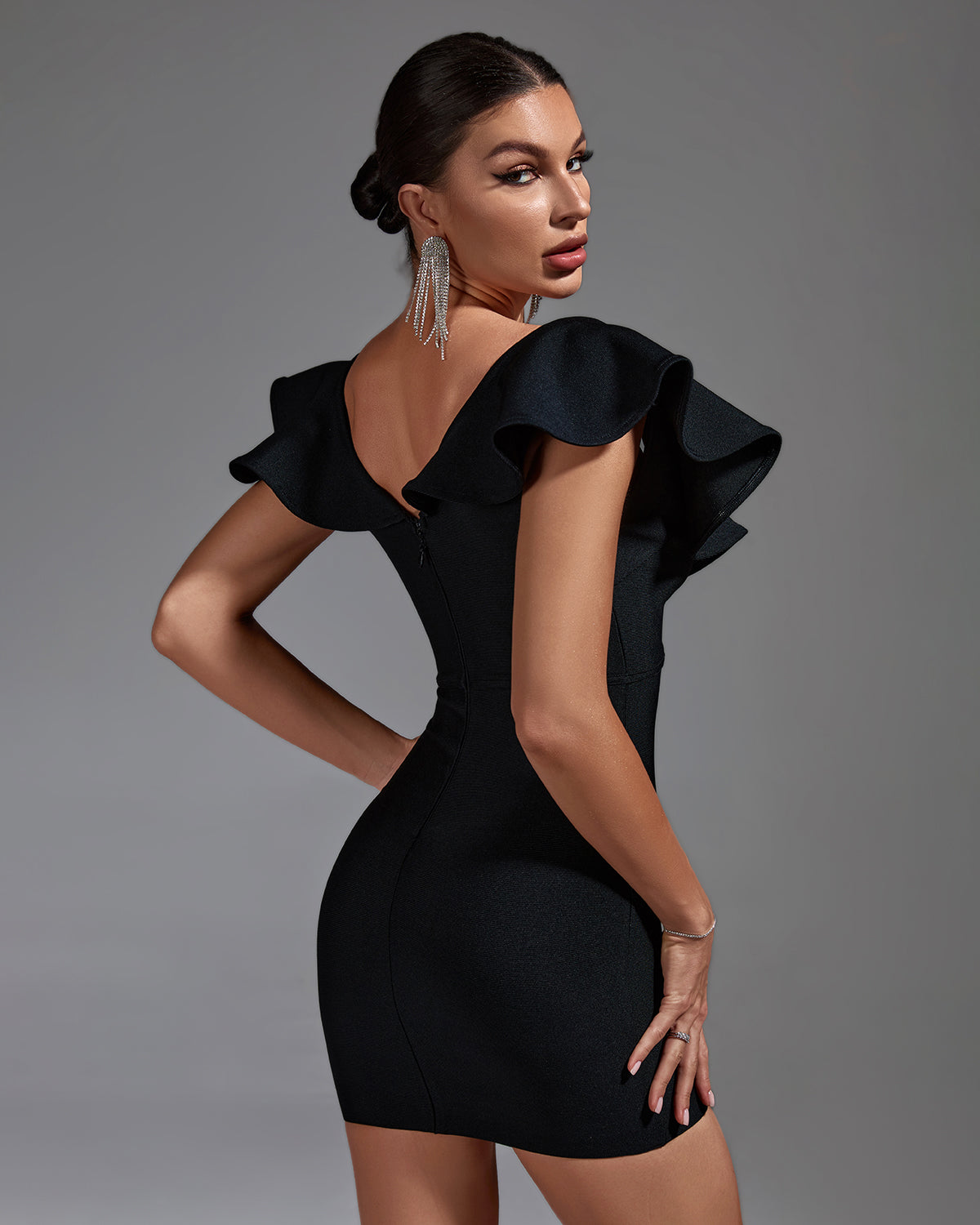 Deep V Ruffled Mini Bandage Dress