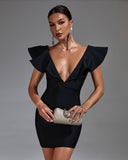 Deep V Ruffled Mini Bandage Dress