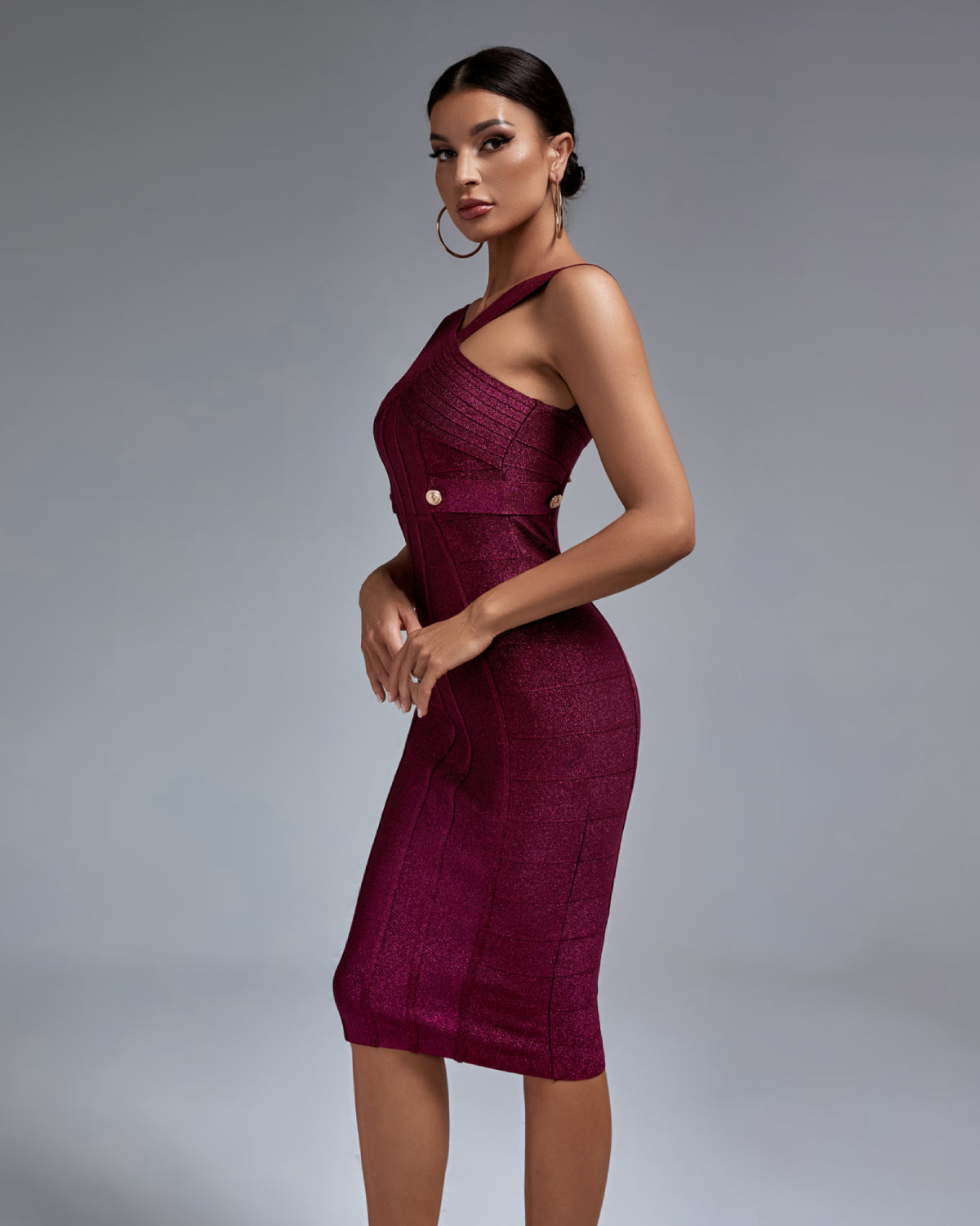 Metal Ornamental Buckle Midi Bandage Dress