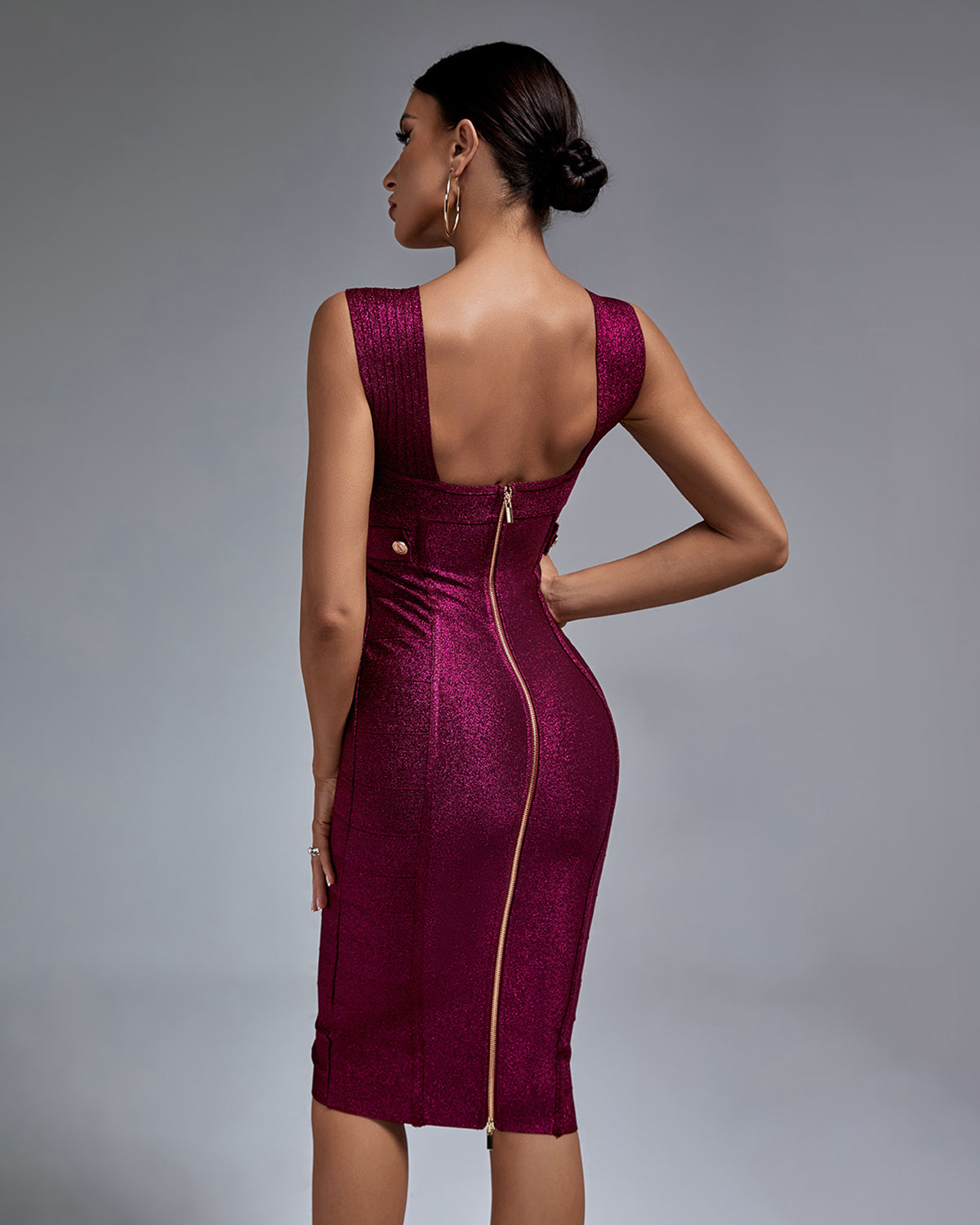 Metal Ornamental Buckle Midi Bandage Dress