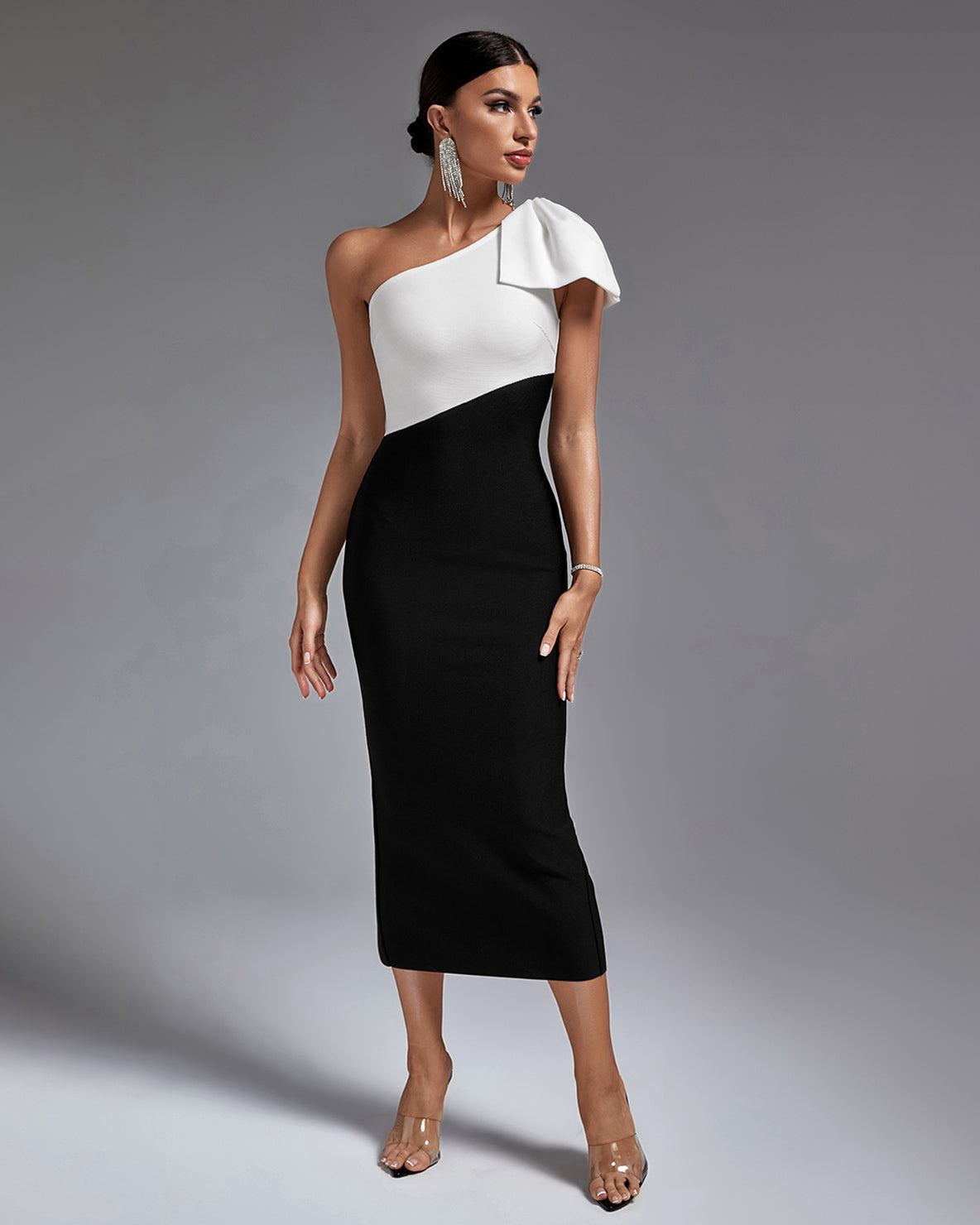 Multi Color One Shoulder Midi Bandage Dress