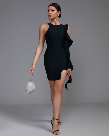 Asymmetric Ruffle-trim Mini Bandage Dress