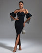 Black Puffed Sleeve Bandage Long Dress