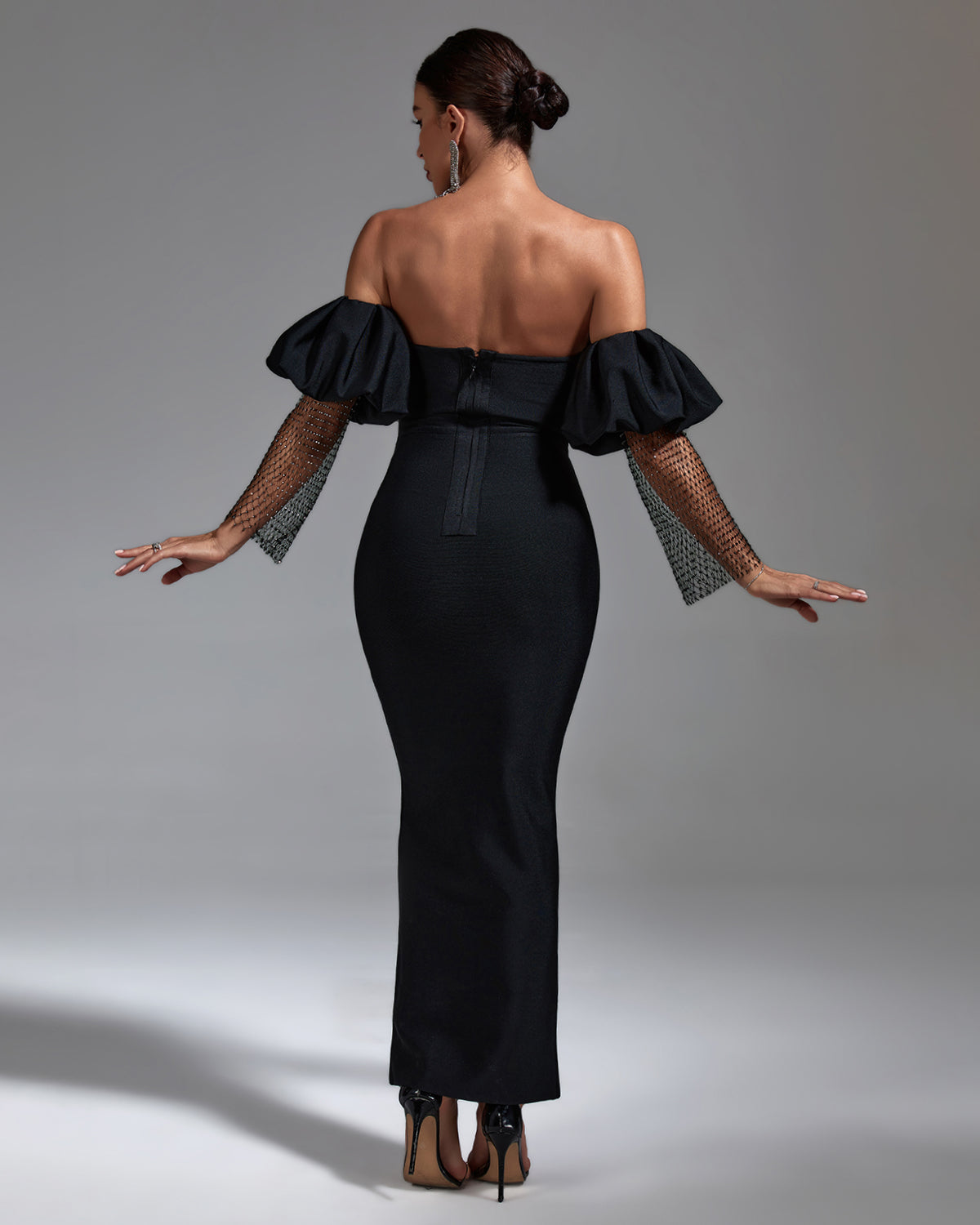 Black Puffed Sleeve Bandage Long Dress