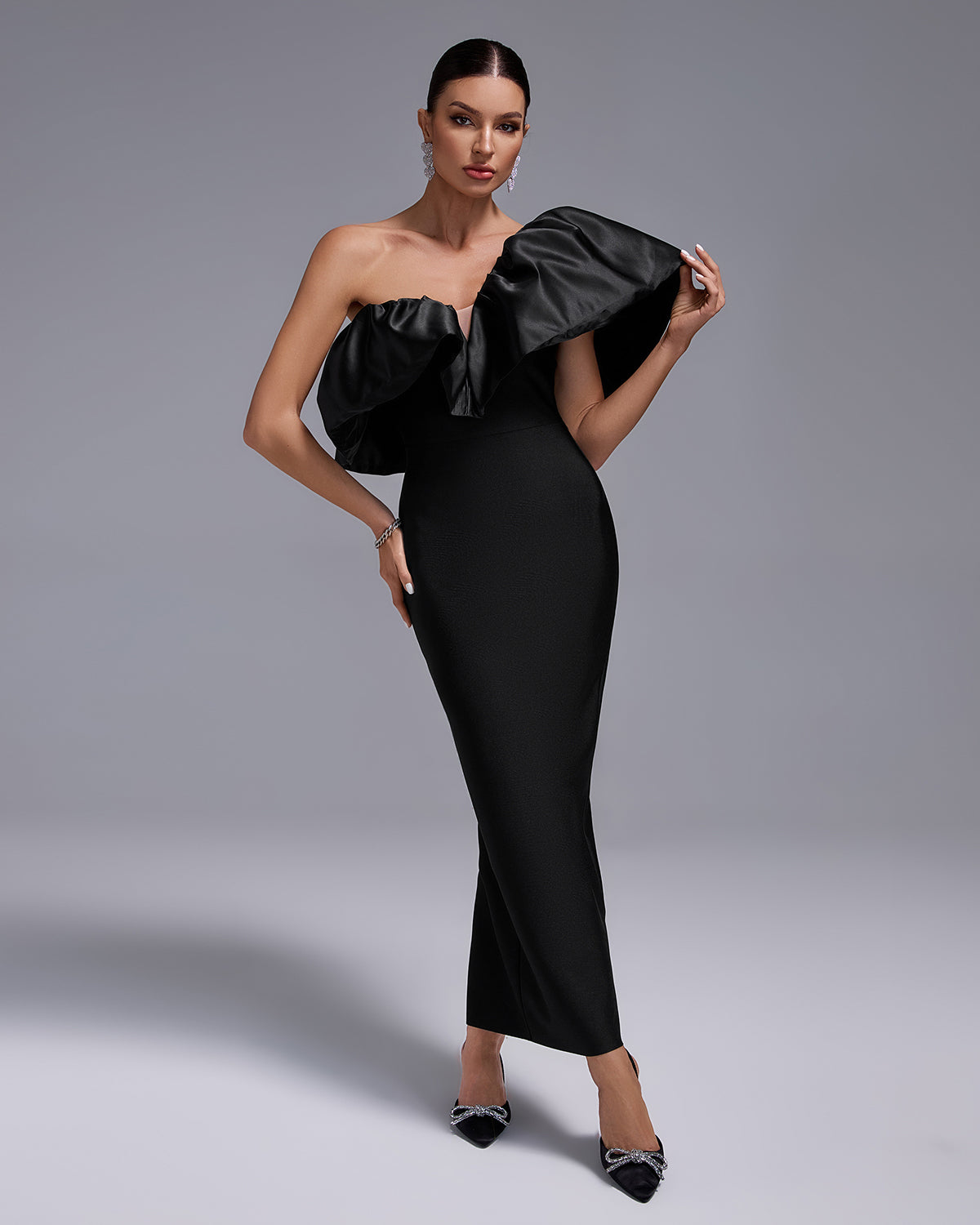 One Shoulder Ruffle Bandage Long Dress
