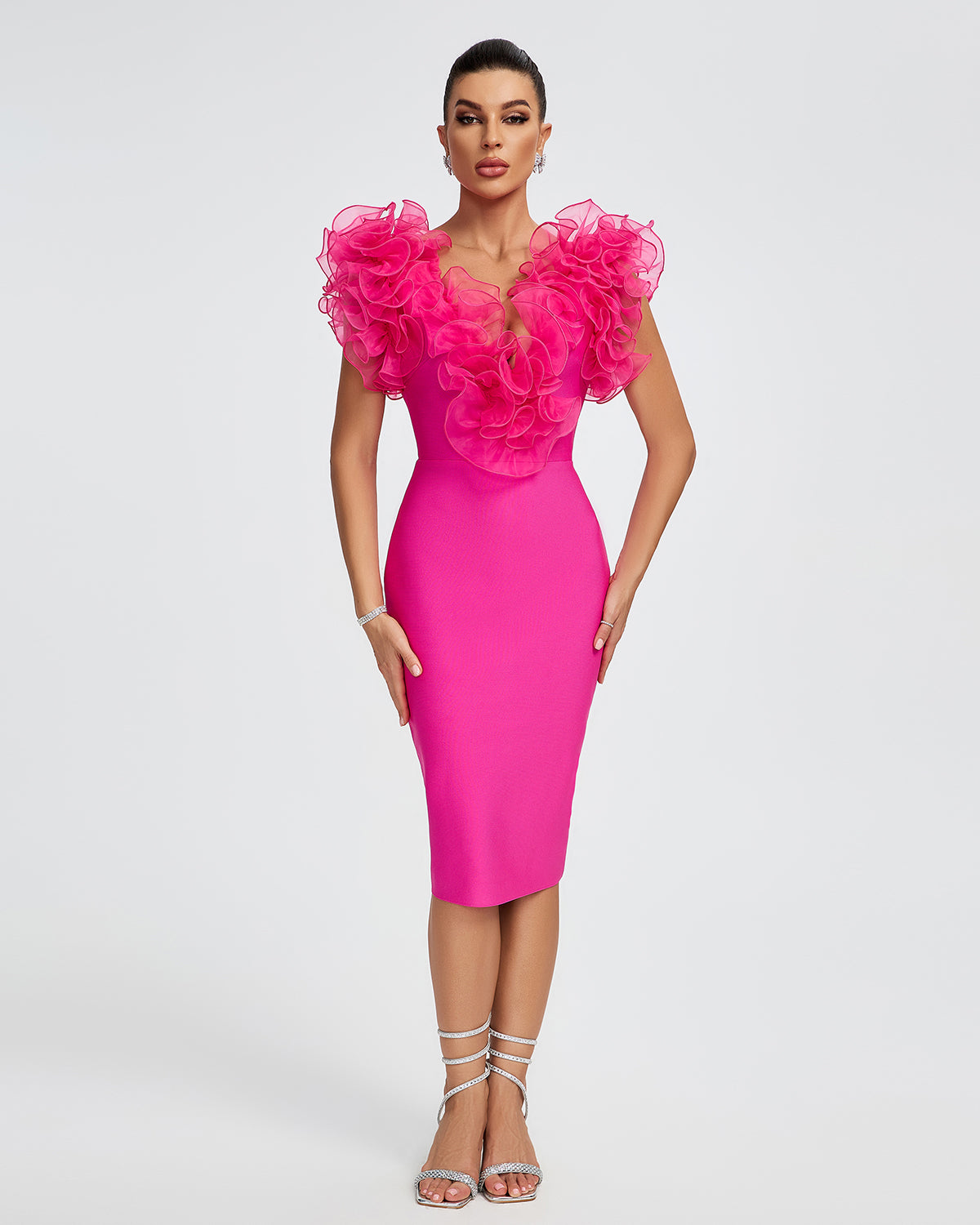 V-neck Ruffle Trim Midi Bandage Dress