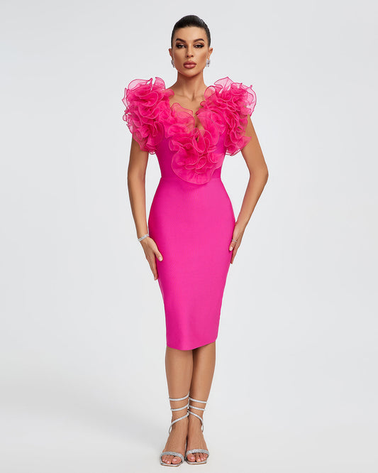 V-neck Ruffle Trim Midi Bandage Dress
