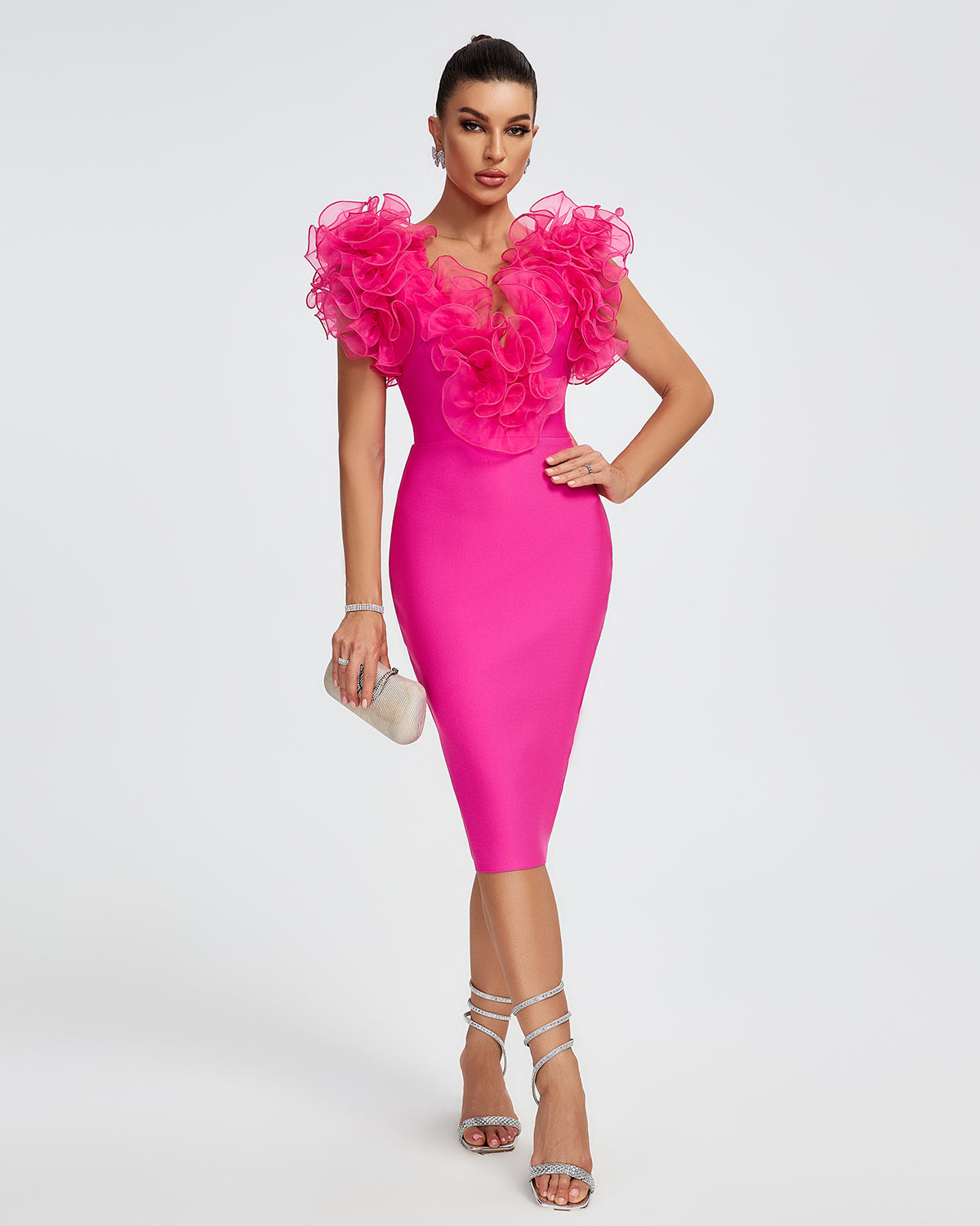 V-neck Ruffle Trim Midi Bandage Dress