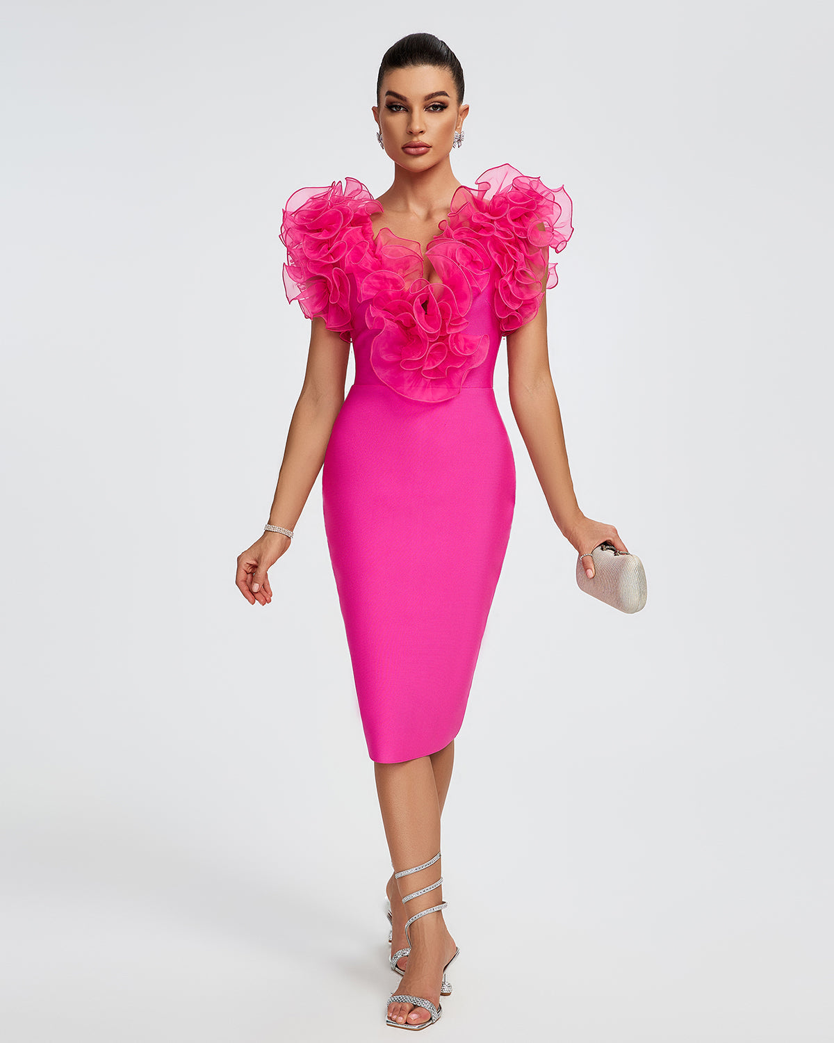 V-neck Ruffle Trim Midi Bandage Dress