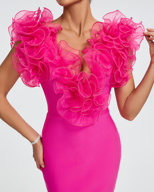 V-neck Ruffle Trim Midi Bandage Dress