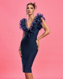 V-neck Ruffle Trim Midi Bandage Dress