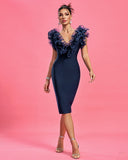 V-neck Ruffle Trim Midi Bandage Dress