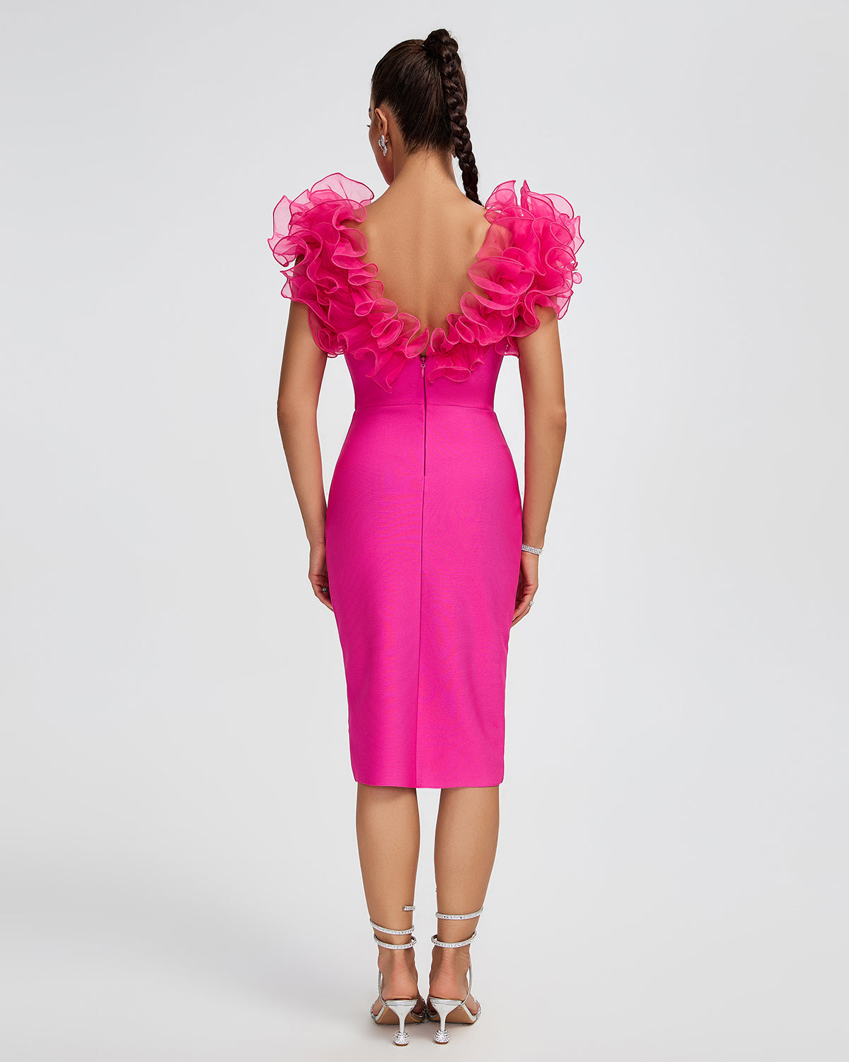 V-neck Ruffle Trim Midi Bandage Dress