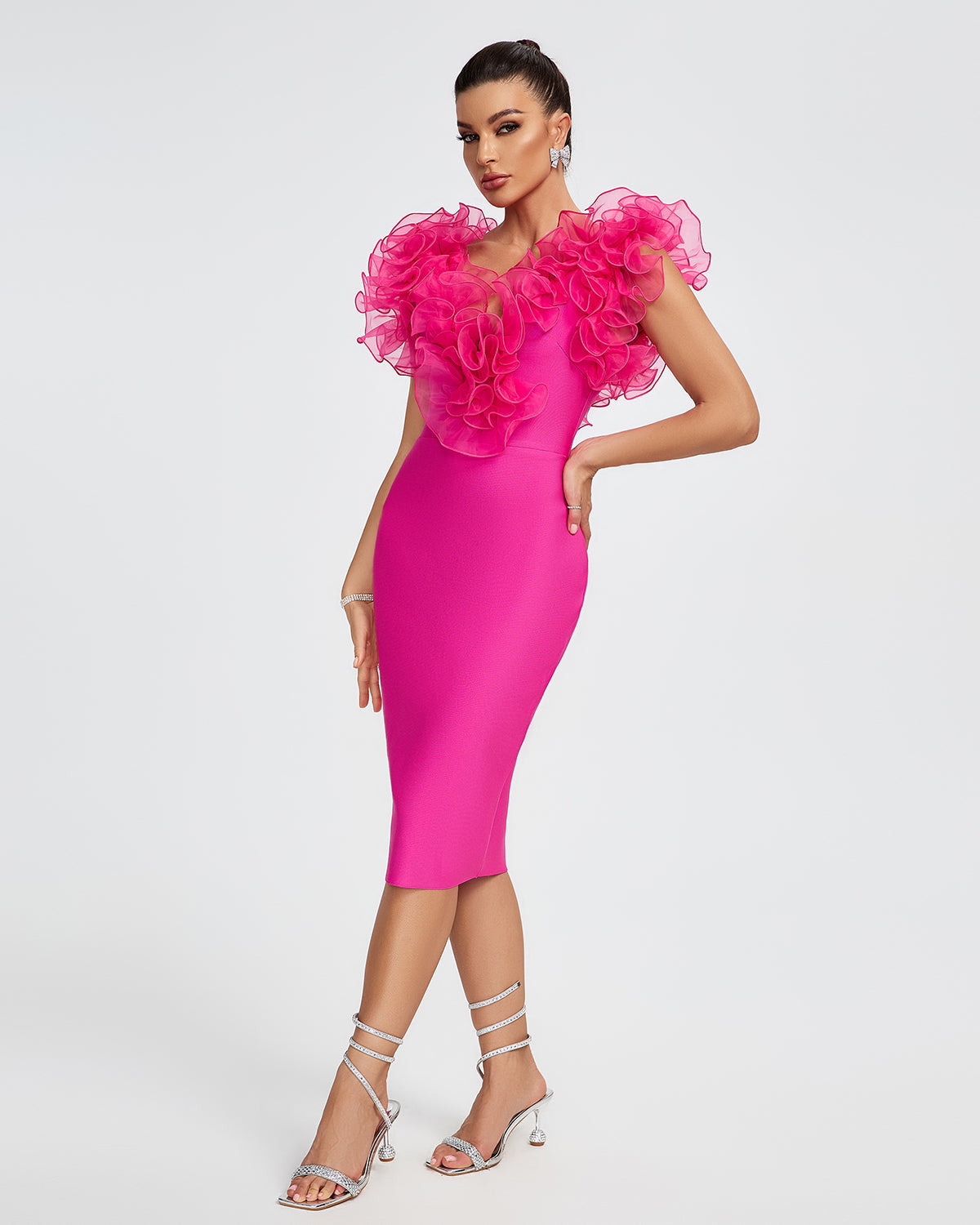 V-neck Ruffle Trim Midi Bandage Dress