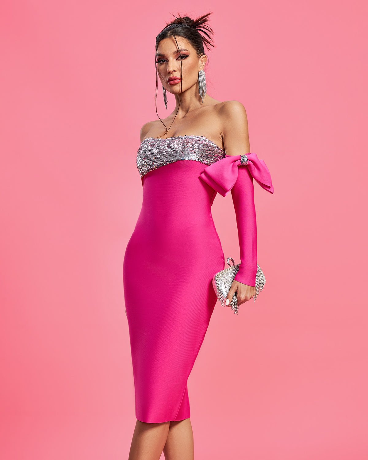 Strapless Sequins Elegant Bow Bandage Dress
