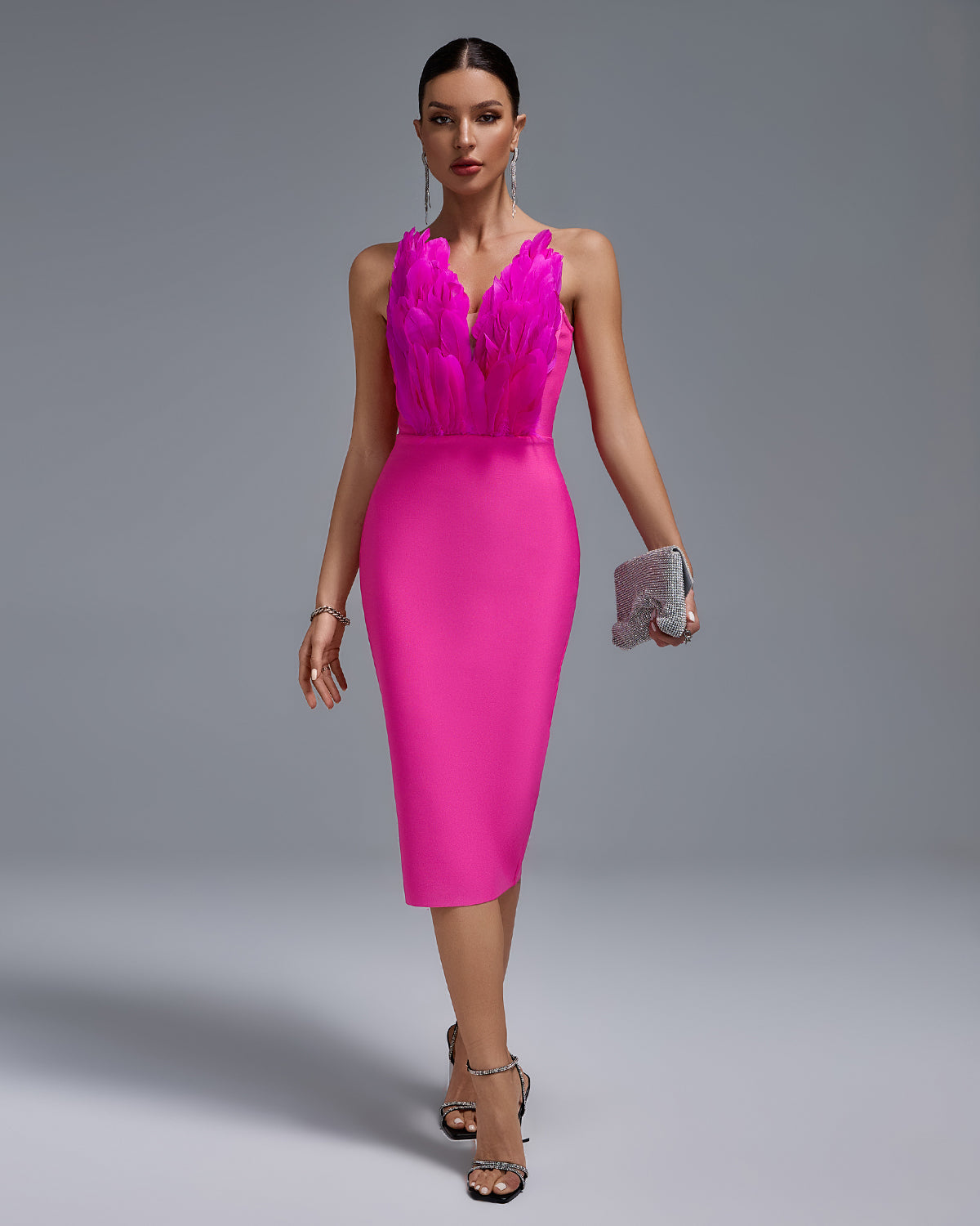 Open Back Feather Midi Bandage Dress