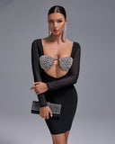 Mesh-sleeve Crystal Bustier Bandage Dress