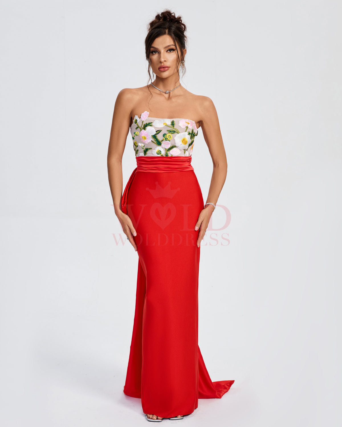 Floral Embroidered Corset Bow-Draped Dress