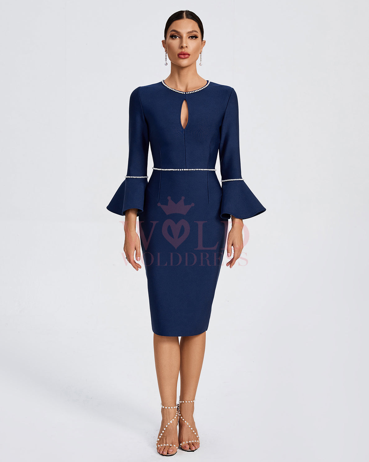 Pearl Trim Pagoda-Sleeve Midi Bandage Dress
