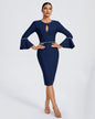 Pearl Trim Pagoda-Sleeve Midi Bandage Dress