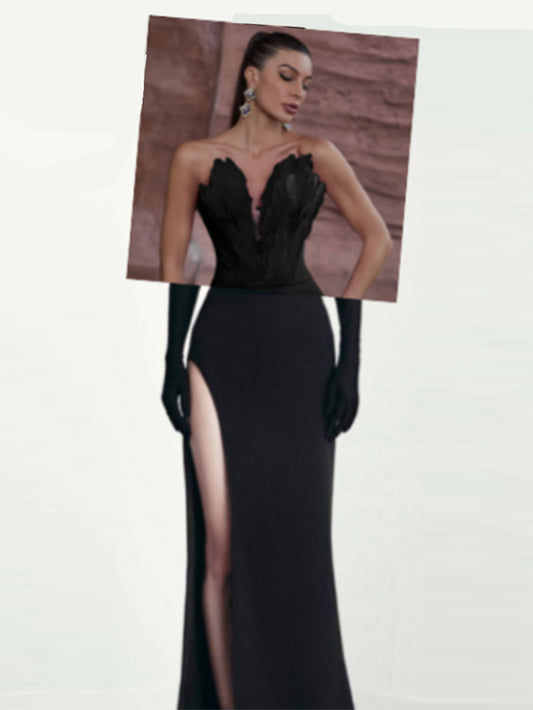 Black Bodycon Bandage Dress with Feather Wing Top