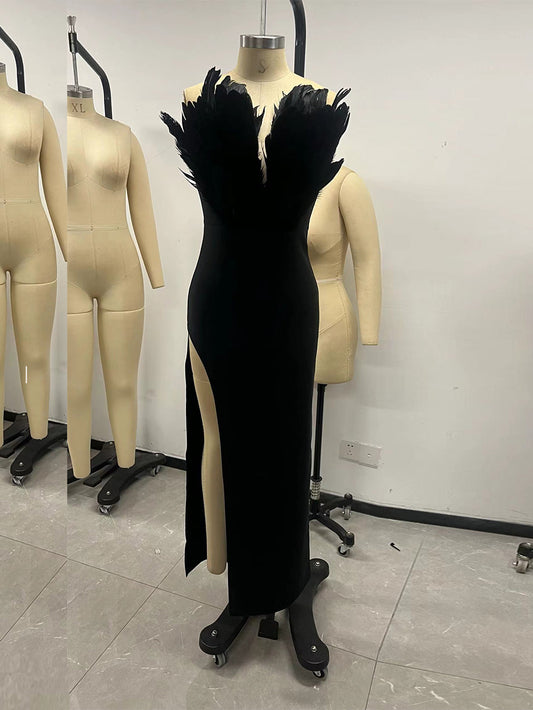 Black Bodycon Bandage Dress with Feather Wing Top