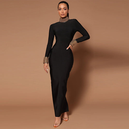 Black Metallic Back Cutout Slit Maxi Dress