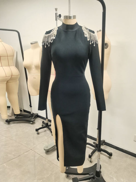 Black long Sleeve Slit Midi Dress