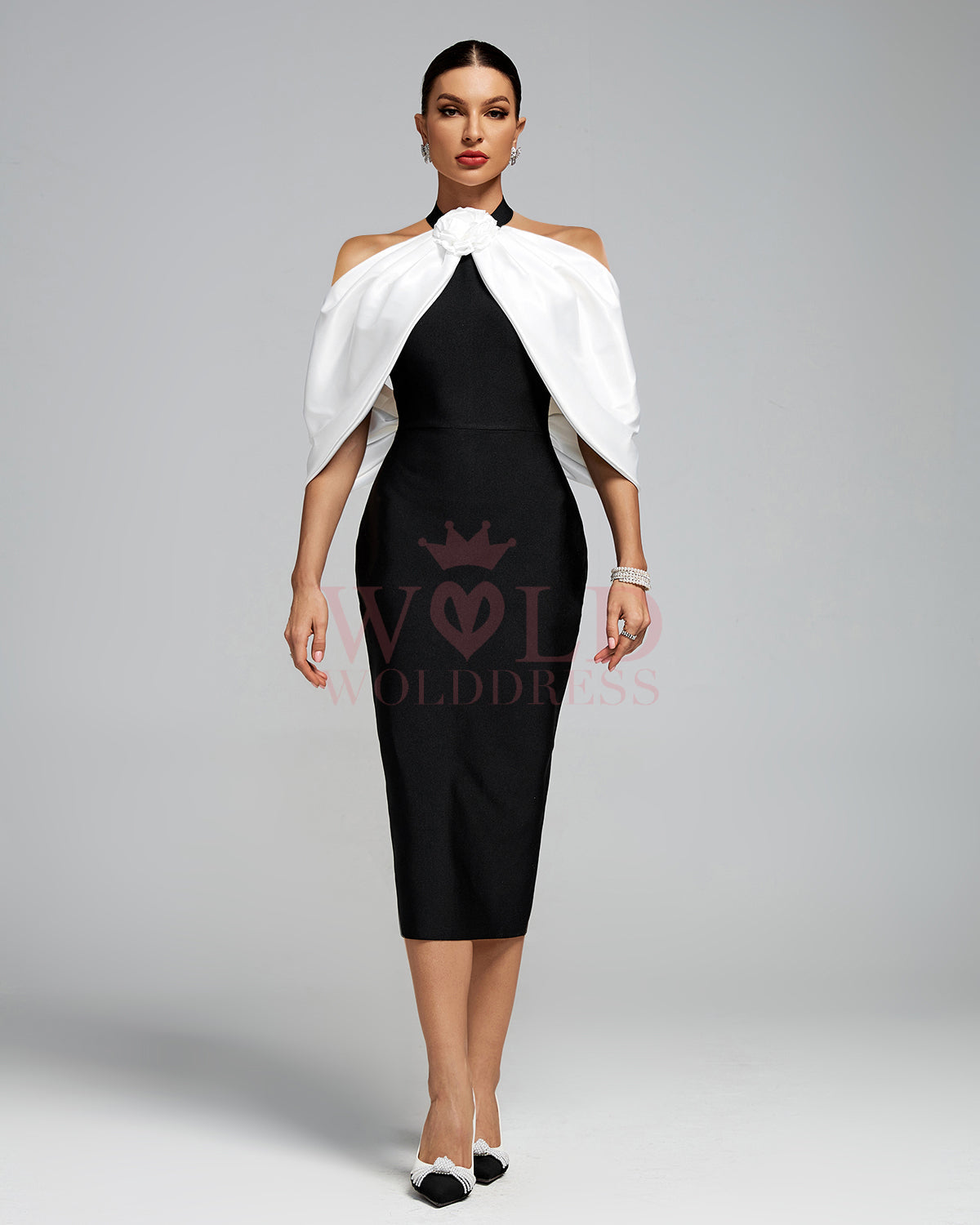 Open Back Draped Flower Midi Bandage Dress