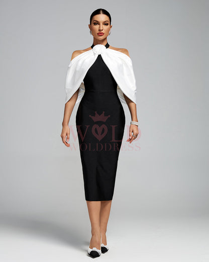 Open Back Draped Flower Midi Bandage Dress