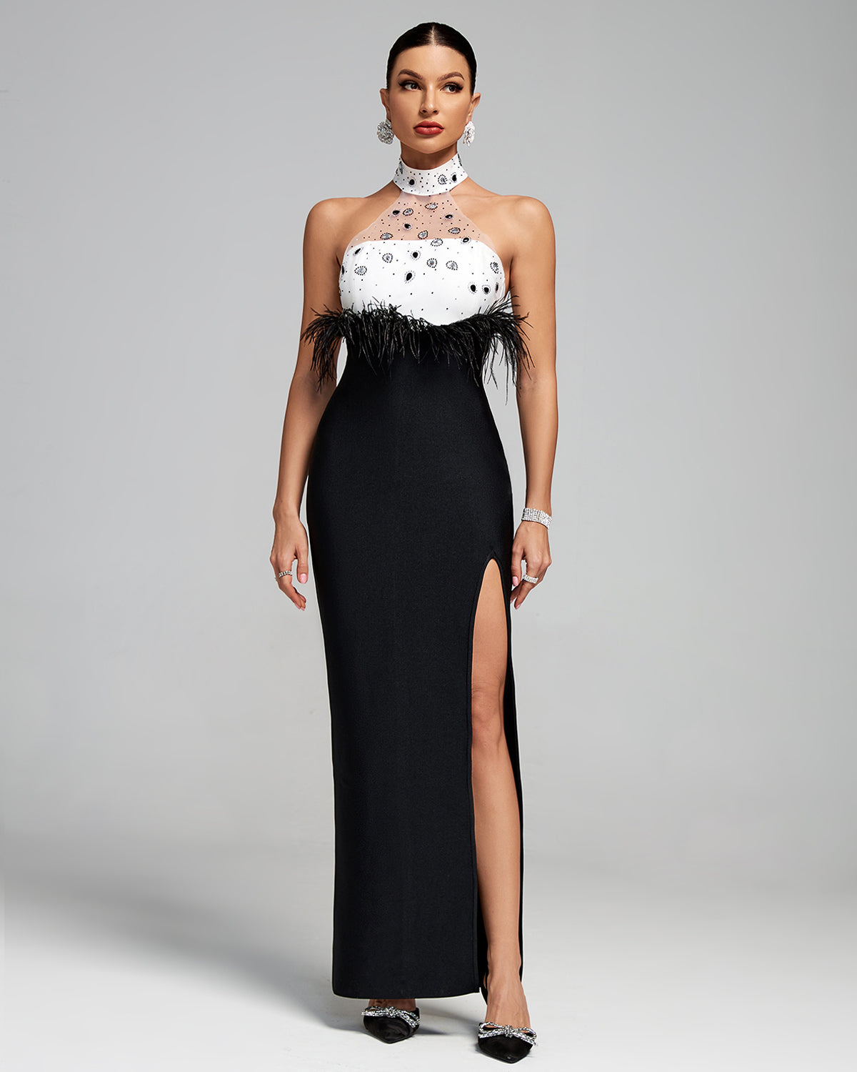 Halter Neck Feather Design Bandage Maxi Dress